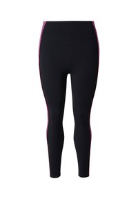 Zwarte legging met roze zijpanelen, gemaakt van rekbaar stof. Strak ontwerp met een gladde textuur en zonder zichtbare hardware of accenten.