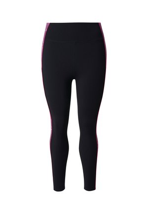 Sorte leggings med pinke sidepaneler, lavet af strækbart stof. Tætsiddende design med en glat tekstur og ingen synlige metaldele eller accenter.