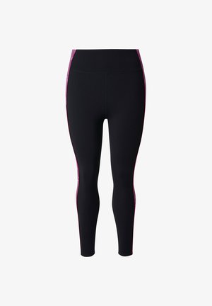 Sorte leggings med pinke sidepaneler, lavet af strækbart stof. Tætsiddende design med en glat tekstur og ingen synlige metaldele eller accenter.