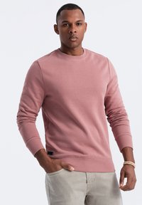 Felpa rosa a girocollo con maniche lunghe, polsini e fondale a costine. Tessuto morbido con cuciture minime e un piccolo dettaglio logo nero.