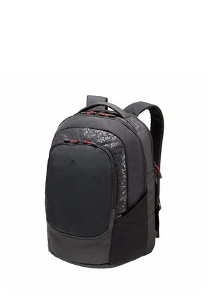 Zaino nero con più scomparti con cerniera, spallacci imbottiti e motivo astratto sottile sui bordi della tasca frontale.