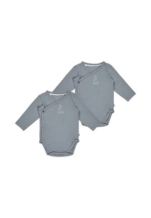 Grauer Langarm-Bodysuit-Set mit Wickeldesign, Druckknopfverschluss und gesticktem Tiermotiv auf der Brust. Hergestellt aus weichem Baumwollmaterial.