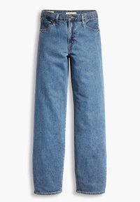 Light blue straight-leg jeans made of denim with five-pocket design, mid-rise waist, and visible stitching along the seams.