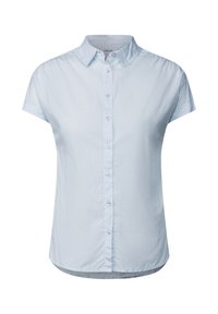 Chemise boutonnière à manches courtes de couleur bleu clair, fabriquée en tissu lisse avec un motif à rayures subtil et un col classique. Ourlet arrondi en bas.