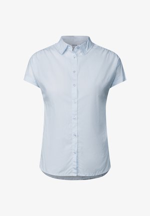 Light blue, short-sleeve button-up shirt made of smooth fabric with a subtle stripe pattern and a classic collar. Rounded hem at the bottom.