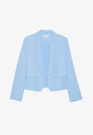 Light blue blazer with a smooth texture, shawl collar, and two front pockets. Minimalistic design with no buttons or fastenings.