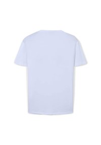 T-shirt bianco in cotone con maniche corte e collo rotondo. Design semplice con una superficie liscia e senza modelli o dettagli visibili.