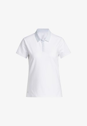White short-sleeve polo shirt with collar and three-button placket, displayed on a plain white background.