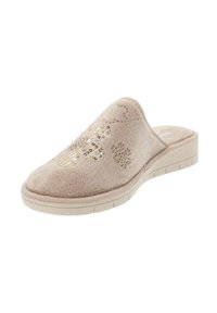 Pantofole beige senza lacci realizzate in materiale morbido, con una parte superiore texture e decorazioni in paillettes dorate con pattern floreali ai lati.