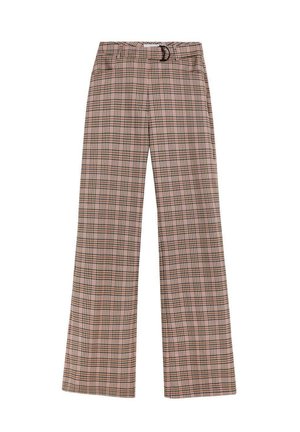 Pantalons taille haute, à jambes larges avec un motif tartan rose, noir et marron, et une ceinture en tissu avec une boucle en D en métal noir.