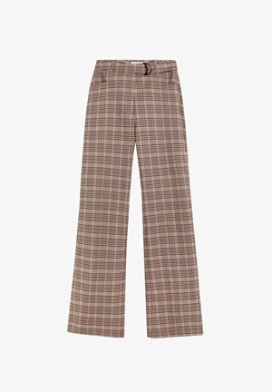 Hochtaillierte, weit geschnittene Hosen mit einem karierten Muster in Pink, Schwarz und Braun sowie einem Stoffgürtel mit einer D-Ring-Schnalle aus schwarzem Metall.