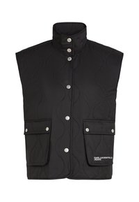 Crni kviltani prsluk s visokim ovratnikom, kopčama na dugmad i dva prednja džepa. Ima valoviti uzorak šivanja i logo "Karl Lagerfeld Jeans".