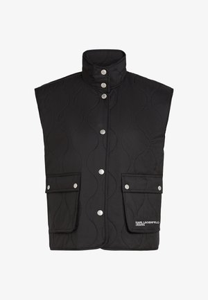 Sort quiltet vest med høj krave, trykknapper og to forlommer. Har bølgete syningsmønster og "Karl Lagerfeld Jeans" logo.