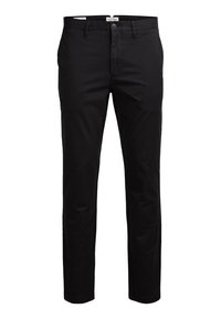 Černé bavlněné chinos kalhoty s rovný střih. Obsahují zapínání na knoflík, poutka na opasek a dvě přední kapsy. Hladká textura a minimalistický design.