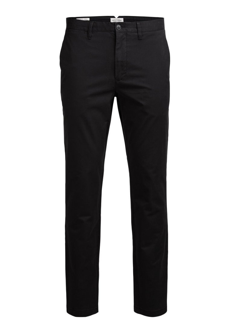Černé bavlněné chinos kalhoty s rovný střih. Obsahují zapínání na knoflík, poutka na opasek a dvě přední kapsy. Hladká textura a minimalistický design.