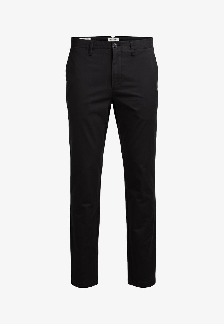Zwarte katoenen chinos met een rechte pasvorm. Voorzien van een knoopsluiting, ceintuurlussen en twee voorkanten zakken. Gladde textuur en minimalistisch ontwerp.