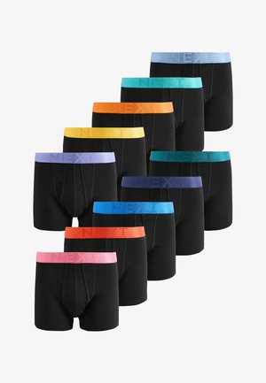 Kümme musta bokserit, millel on elastsed vöökohad erinevates värvitoonides: heleroheline, roheline-sinine, oranž, kollane, lilla, tumesinine, sinine, punane, roosa.