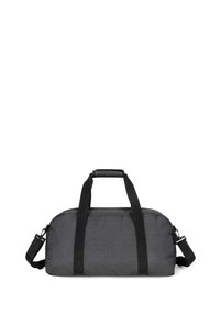 Borsa da viaggio grigia con cinghie nere, caratterizzata da una forma arrotondata, texture liscia, doppio manico, tracolla regolabile e chiusura con zip.