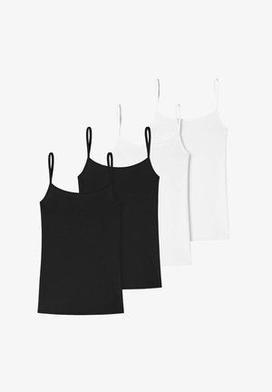 Schwarzes Top mit dünnen Trägern, aus glattem Stoff, mit rundem Ausschnitt und enganliegendem Design. Getragen mit passender schwarzer Unterwäsche.