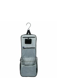 Organizador colgante con tela gris y detalles en negro, que cuenta con múltiples bolsillos de malla, cremalleras y un gancho para un almacenamiento fácil.