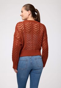 Verbrande oranje gebreide trui met een open chevronpatroon en een geribbelde zoom, gecombineerd met blauwe spijkerbroek, gezien van achteren.