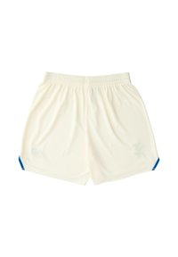 Witte atletische shorts met een elastische tailleband, met blauwe accenten aan de zoom. Glad oppervlak, lichtgewicht stof, eenvoudig ontwerp.