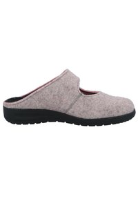 Gray felt clogs with a rounded toe, side cutouts, and a contrasting pink lining, resting on a black rubber outsole for traction.
