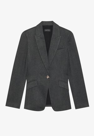 Tmavě šedý blazer z texturované látky, s jednoduchým zapínáním na jeden knoflík, výstřihem do V a dvěma předními kapsami. Klasický střih.