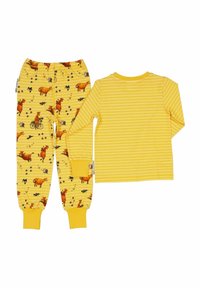 Gul pyjamas set bestående av en randig långärmad topp och mönstrade byxor med kor, cyklar och fotavtryck. Mjuk bomullsmaterial.