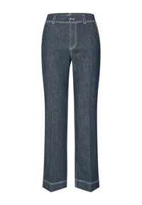 Temno modri jeans hlače ravnega kroja s klasičnim dizajnom, kontrastnim belim šivom in podrobnostjo sprednjega žepa.