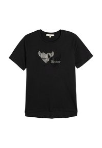 Sort kortærmet t-shirt lavet af blød stof med et grafisk design af to hjerter, "Sweet" i sølv og "Bitter" i sort tekst.