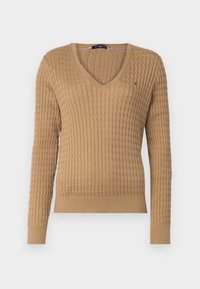 Pull en tricot camel avec col en V, texture côtelée, manches longues et ourlet ajusté. Présente un discret logo sur la poitrine.