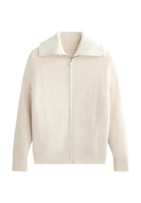 Cardigan crem din tricot, cu guler înalt și fermoar complet, având un model texturat diagonal și manșete și tiv zimțat.