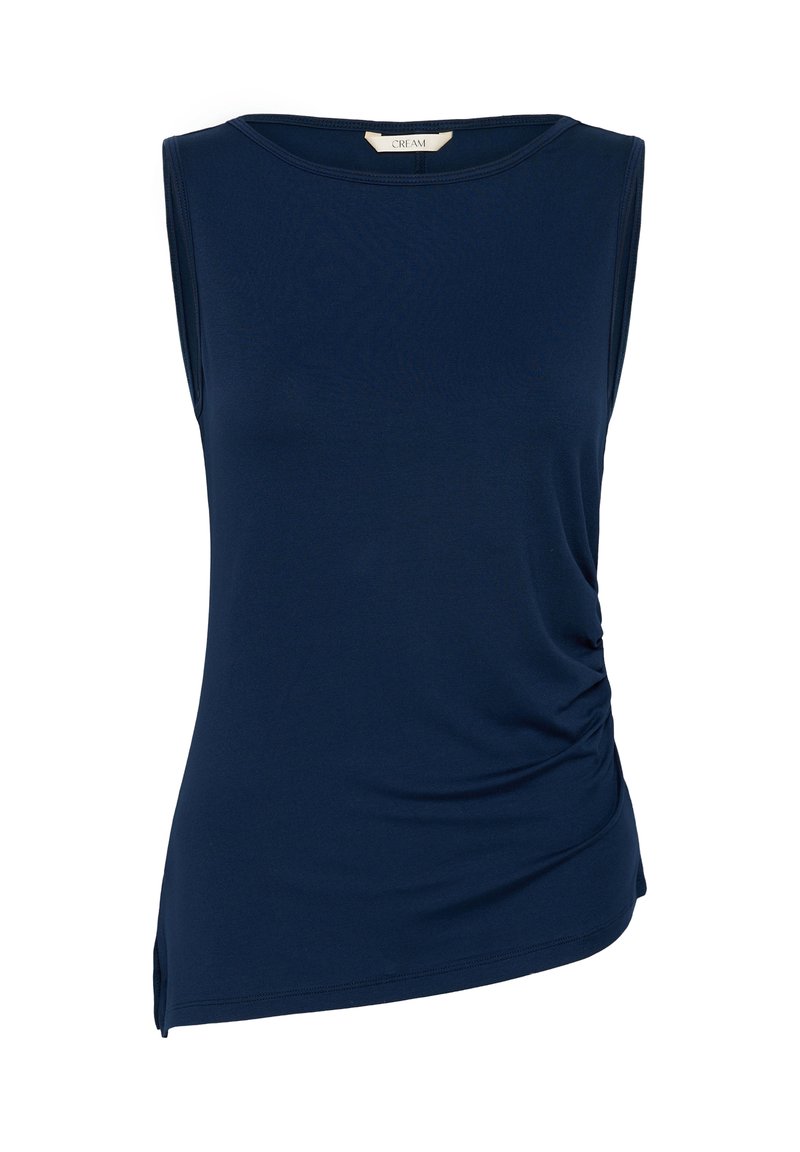 Haut sans manches bleu marine pour femme avec encolure ronde et léger froncé latéral, en tissu lisse.