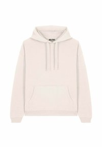 Pullover in felpa di colore beige chiaro, con tasca frontale, cappuccio regolabile con cordini, polsini a costine e una forma rilassata. Etichetta del marchio visibile.