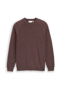 Bruine trui gemaakt van gebreide stof, met een klassieke ronde hals, geribbelde zoom en raglanmouwen. Zachte textuur en effen kleur.