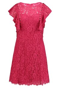 Rosa spetsklänning med korta volangärmar, blommönster och metallnitar på sidorna. Har en rund halsringning och en fåll som slutar ovanför knäet.