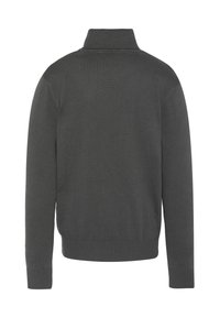 Maglione a collo alto lavorato a maglia di colore grigio scuro, con maniche lunghe, polsini, orlo e colletto a costine, mostrato di spalle su uno sfondo bianco.