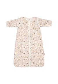Sac de couchage floral avec une base blanche ornée de fleurs roses, brunes et jaunes, des manches longues et une fermeture éclair centrale. Matière en coton doux.