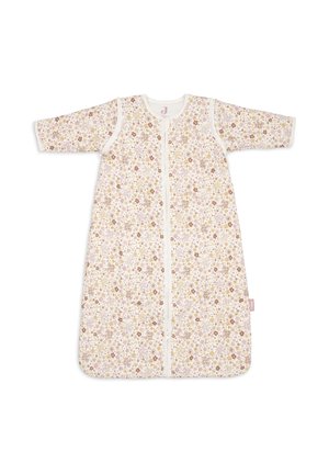 Sac de couchage floral avec une base blanche ornée de fleurs roses, brunes et jaunes, des manches longues et une fermeture éclair centrale. Matière en coton doux.