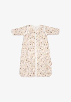 Bloemrijk slaapzak met een witte basis en roze, bruine en gele bloemen, lange mouwen en een centrale rits. Zachte katoenen stof.