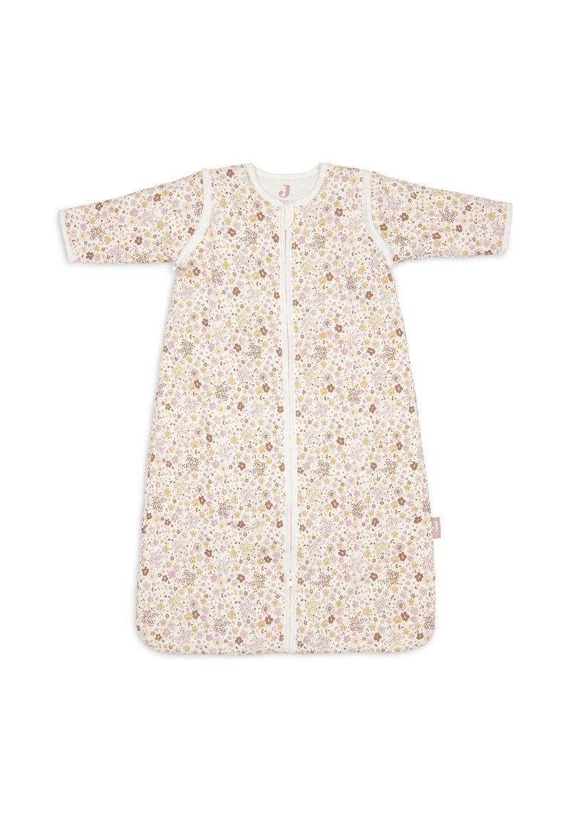 Sac de couchage floral avec une base blanche ornée de fleurs roses, brunes et jaunes, des manches longues et une fermeture éclair centrale. Matière en coton doux.