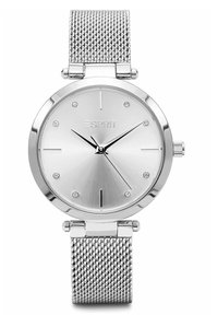 Orologio da polso con cinturino a rete argentata, cassa rotonda in tono argento, quadrante minimale e indicatori delle ore in cristallo. Presenta una finitura lucida a raggi di sole.