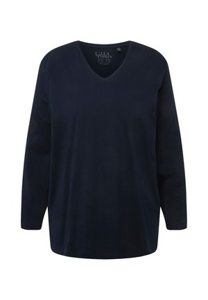 Marineblauwe longsleeve V-hals shirt gemaakt van zachte stof, met een losse pasvorm en een minimalistisch ontwerp zonder patronen of versieringen.