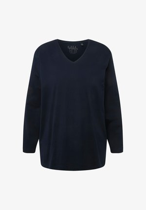 Camisa de manga larga de cuello en V en azul marino, hecha de material suave, con un corte holgado y un diseño minimalista sin patrones ni adornos.