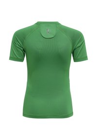 Grøn kortærmet atletisk skjorte med et sømløst design, glat tekstur og et hævet bagpanel med et diskret logo.