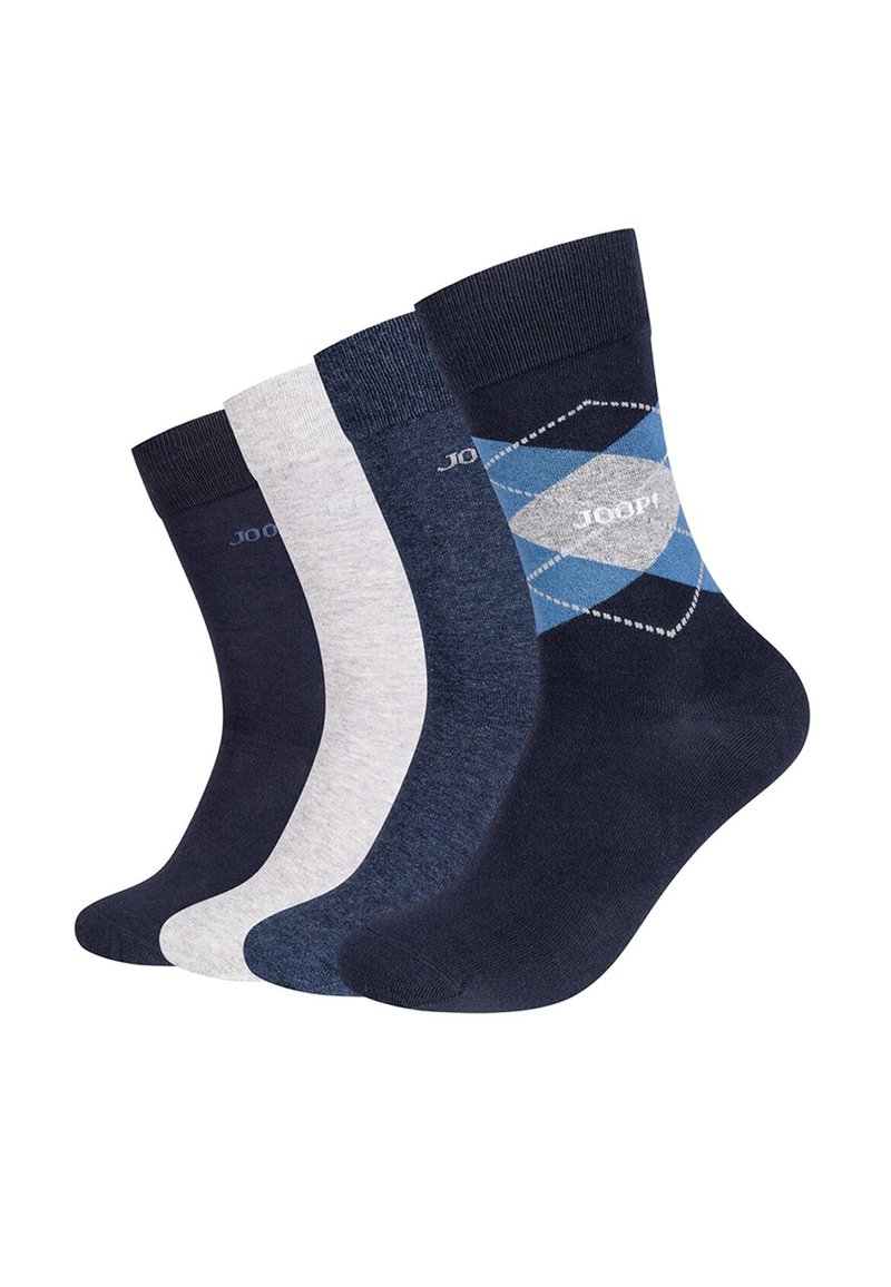 Fire par sokker i marineblå, lysegrå og et mønster med diamanter. Blandingsmateriale af bomuld, knæhøje, med ribbede toppe.