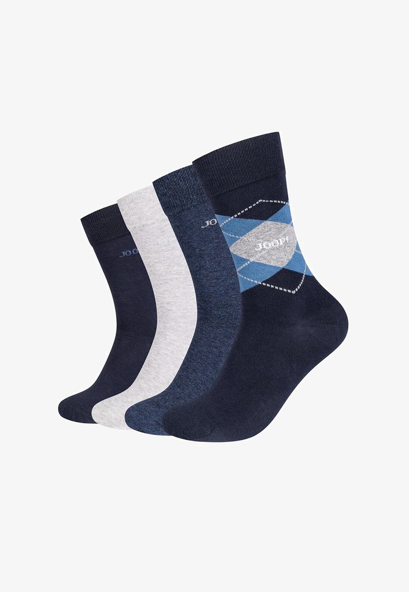 Quattro paia di calzini in blu navy, grigio chiaro e un design a motivi con diamanti. Misura in misto cotone, lunghezza fino al polpaccio, con bordi a coste.