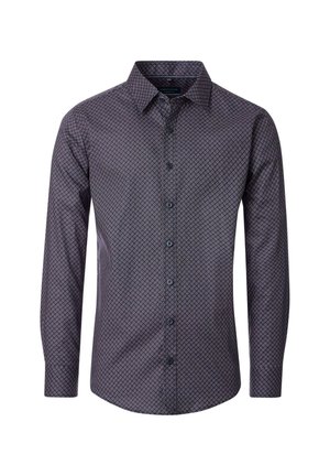 Herren Langarm-Hemd mit dunkelblauem Grund und kleinem weißen geometrischen Muster, spitzen Kragen und schwarzen Knöpfen.