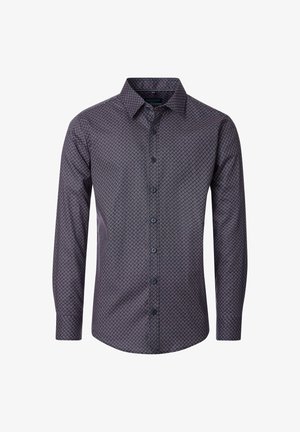 Men's long-sleeve button-up shirt with dark blue base and small white geometric pattern, pointed collar, and black buttons.